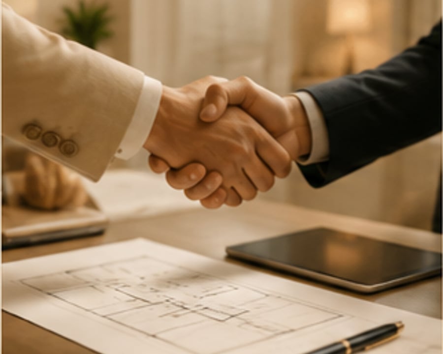 Trust-led Tathastu Infra client handshake over architectural plans